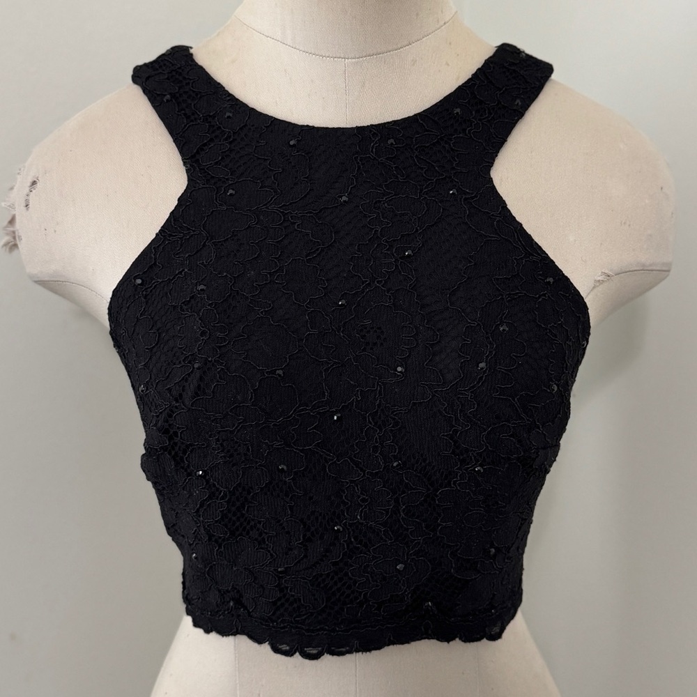 Xscape 2 Black Floral Lace Beaded Crop Top ~ Evening Party New Year’s